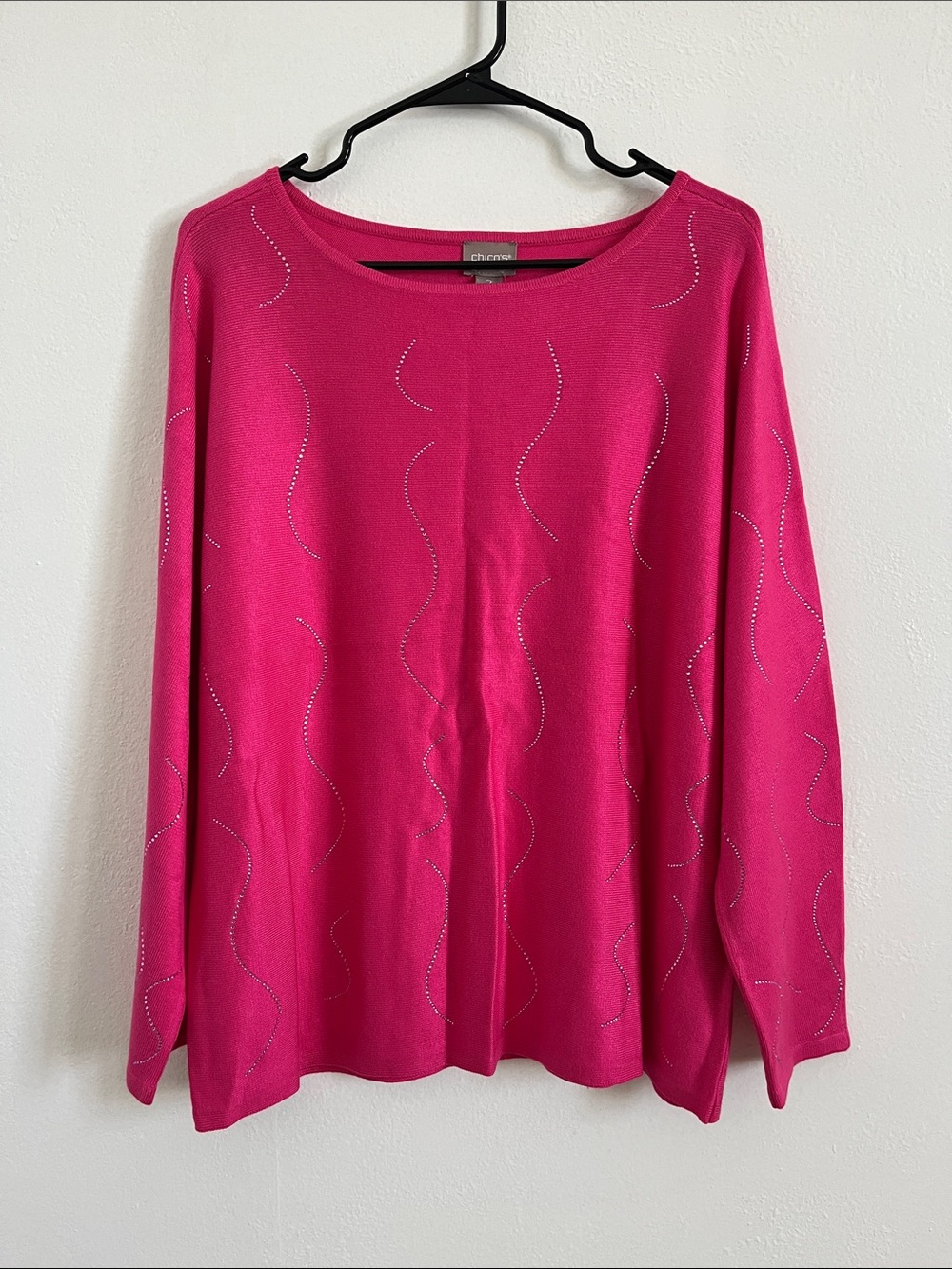 Chico's Hot Pink Knit Long Sleeve Top with Embellished Detail Large
